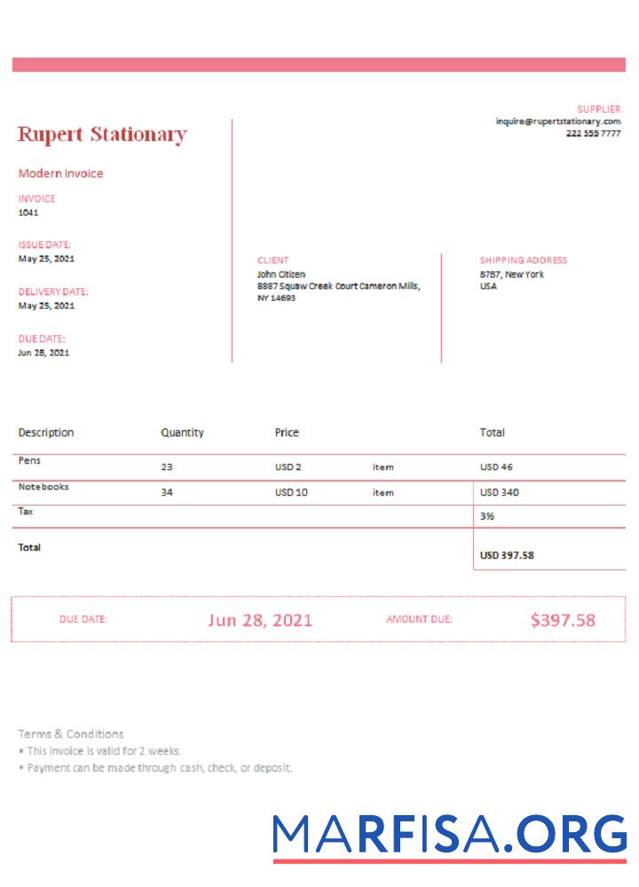 Printable USA Rupert Stationary invoice sample